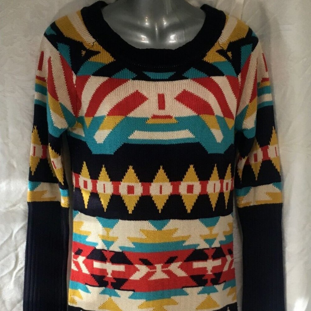 Vintage Jessica Simpson Long Sweater Size XS Tribal Aztec Navy Mustard Y2K